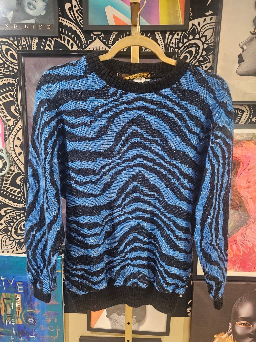 Vintage 80s Dolcezza Italy Sparkly Color Block Sweater Blue Black Women’s M